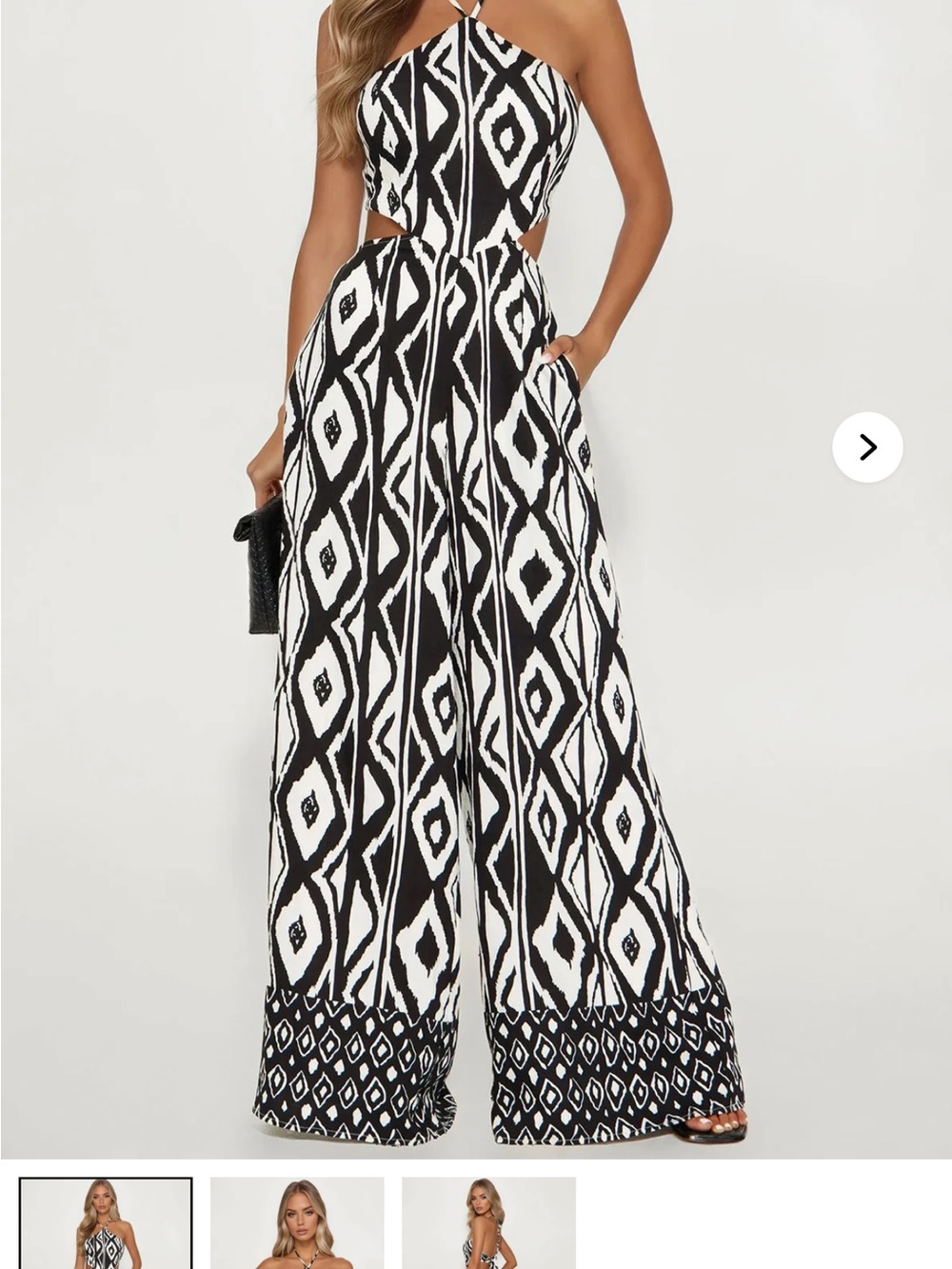 Fashion Nova Black & White Geometric Cutout Halter Jumpsuit